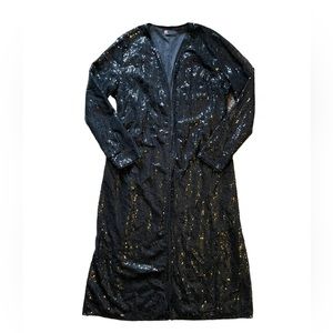 Nancy Kole Long Black Sequin Duster Long Sleeve Large 45” Long